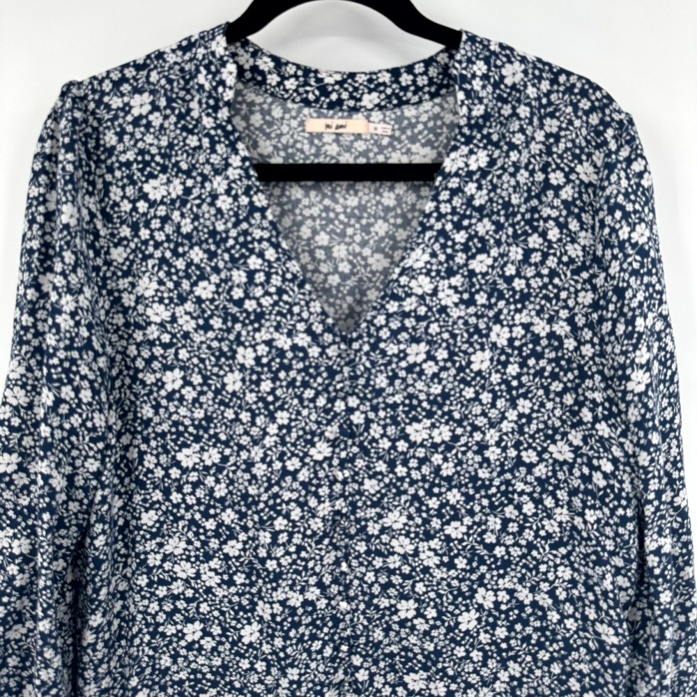 Mi Ami Mini Dress Womens Medium Blue White Boho Floral Rayon Pleated Long Sleeve - Picture 2 of 11